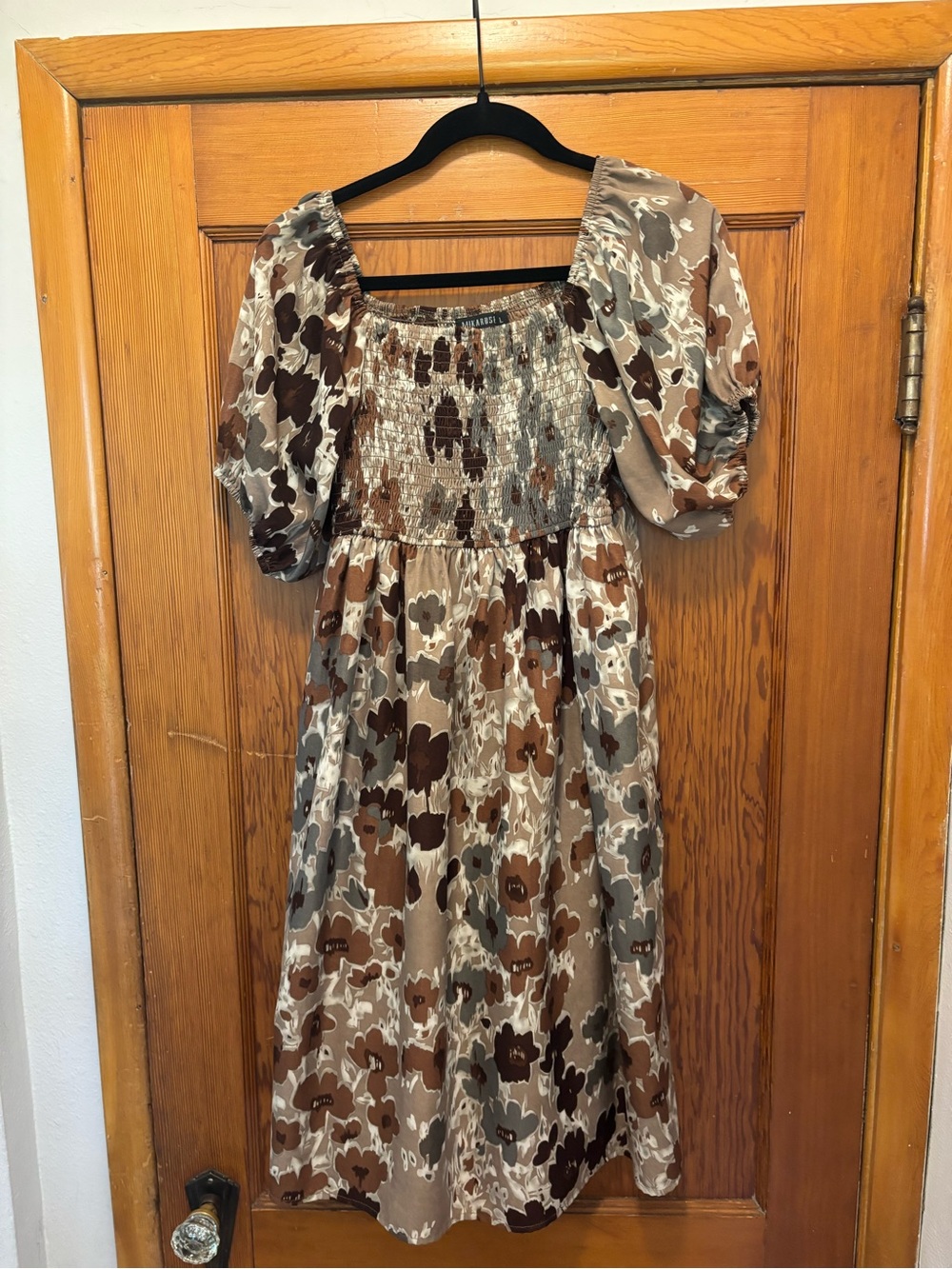 Mikarose Smocked Square Neck Puff Sleeve Midi Dress in Brown Floral